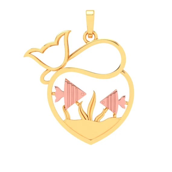 Simple necklaces and pendants with tiny charms for a delicate and casual vibe-14k Fish Bowl Shape Gold Pendant With Yellow Gold Fishes And Cat From Amazea Collection