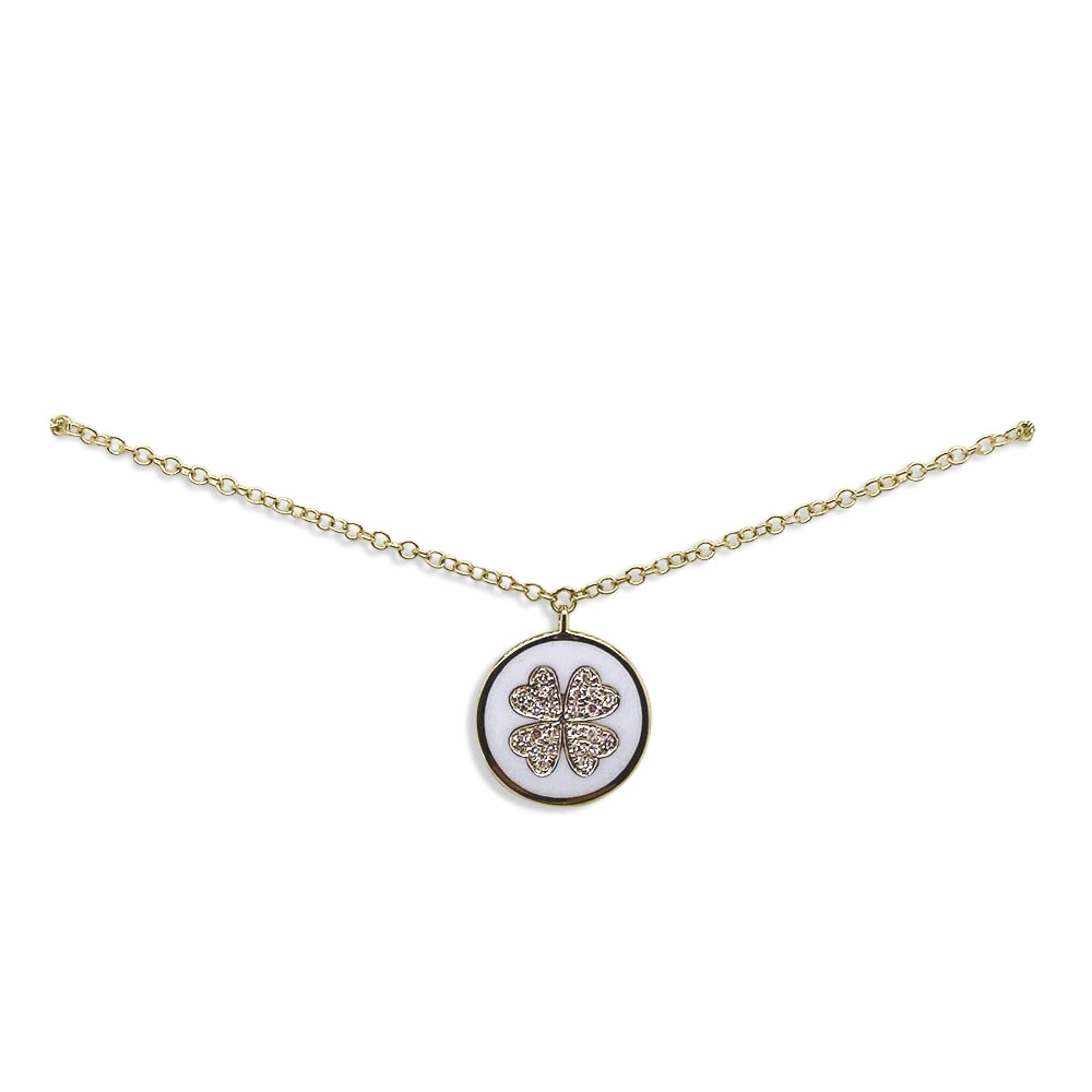 Unique necklaces and pendants with vintage-inspired designs for timeless appeal-14K Yellow Gold Necklace with Diamond Clover on White Enamel