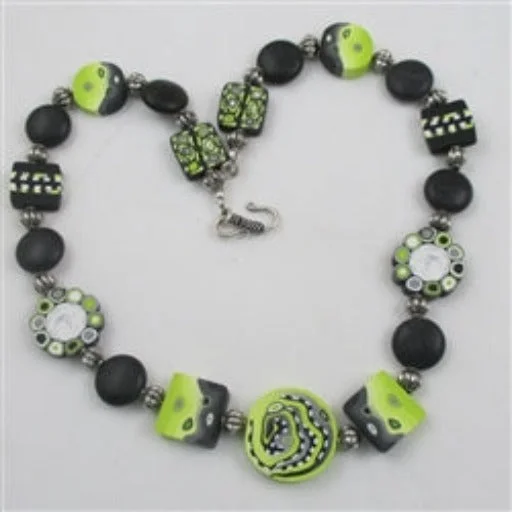 Beautiful necklaces and pendants with diamond halo settings for extra brilliance-Cool Bead  Necklace in Lime and Black Polymer Clay Beads