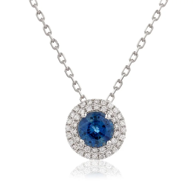 Best necklaces and pendants with intricate beadwork for a bohemian-inspired look-Round Sapphire Pendant with Double Diamond Halo