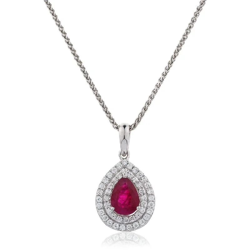 Stunning necklaces and pendants with jade gemstones for a calming green hue-Pear Cut Ruby Pendant with Double Diamond Halo