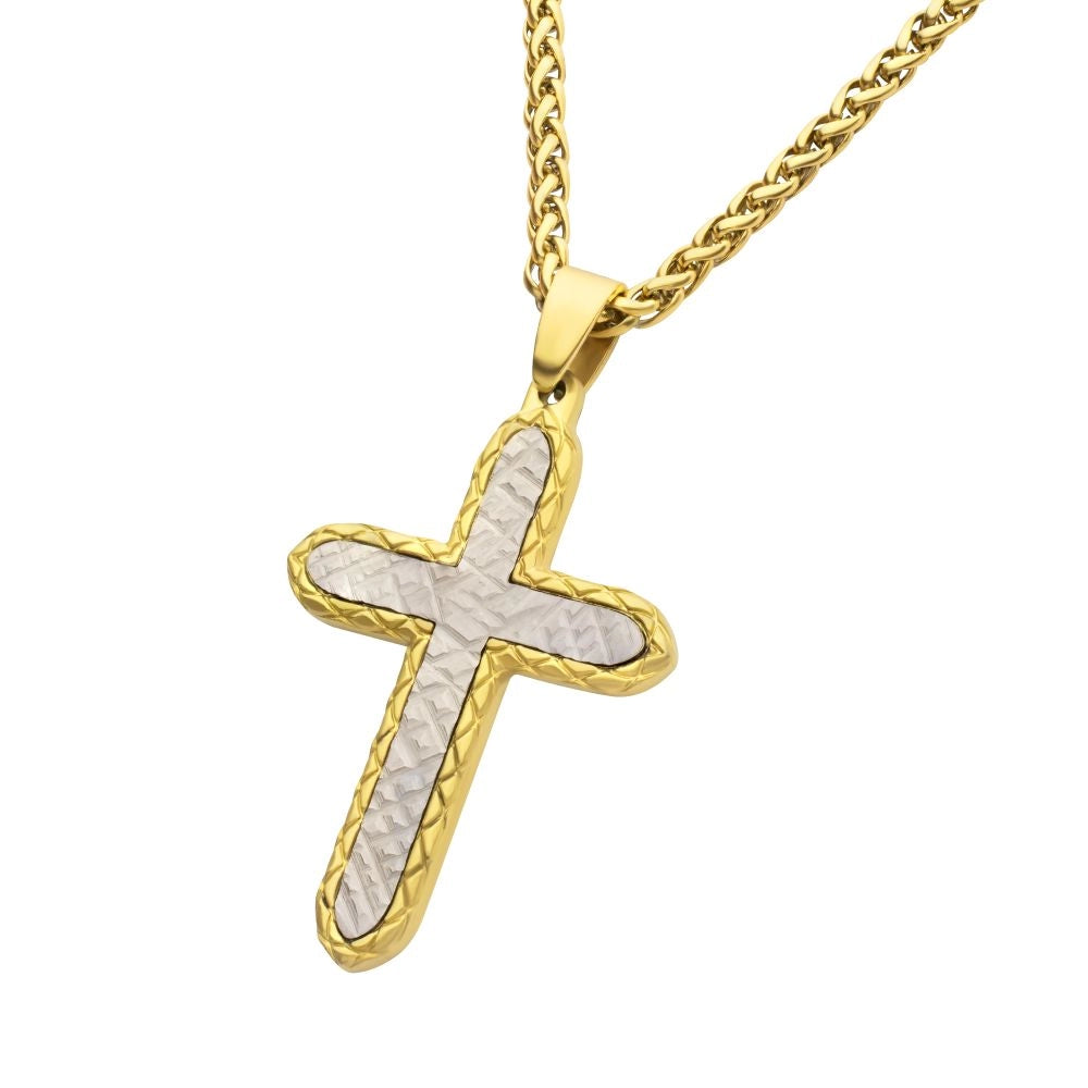 Stunning necklaces and pendants with chakra stones for healing and balance-Inox Stainless Steel with Ion Plated 18K Gold Chiseled Cross Pendant Necklace, 24 inch