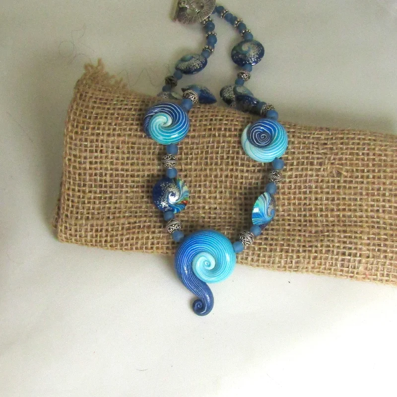 Necklaces and pendants with matching rings for a coordinated set of jewelry-Blue and Silver Artisan Bead Necklace Handmade Bead Necklace