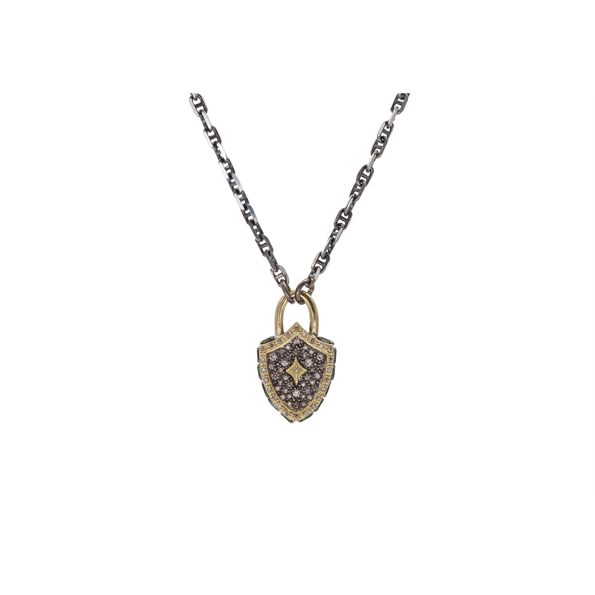 Necklaces and pendants with enamel accents for a colorful, eye-catching appearance-Armenta Old World Blackened Sterling Silver and 18K Yellow Gold Necklace with Small Shield Pendant with Champagne Diamonds and Blue-Green Tourmaline