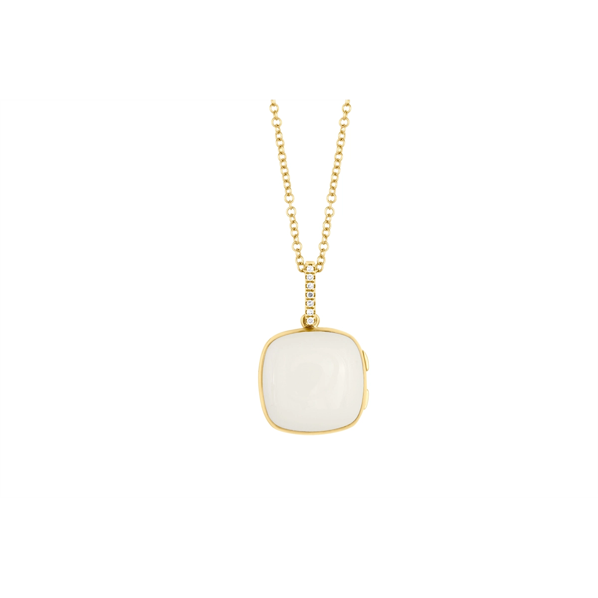 Necklaces and pendants with feather designs for a boho-chic, carefree vibe-14K Yellow Gold Cushion Locket Necklace with White Enamel and Diamonds