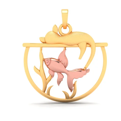 Trendy necklaces and pendants with geometric shapes for a modern aesthetic-14k Fish Bowl Shape Gold Pendant With Yellow Gold Fish And A Cat On Top From Amazea Collection