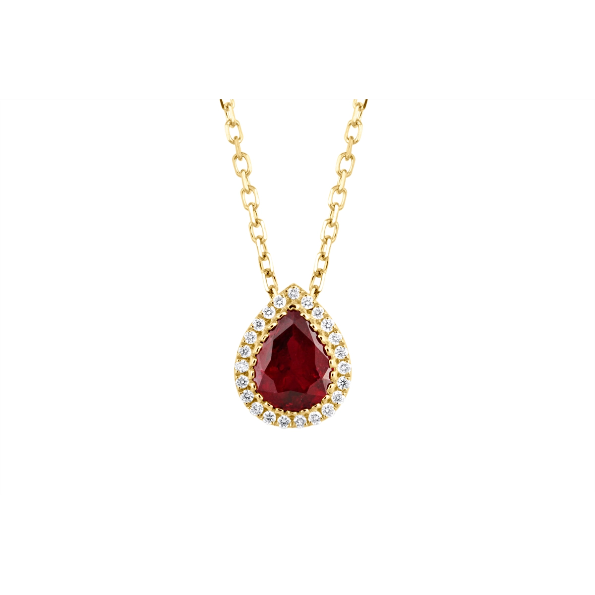 Stylish necklaces and pendants with diamonds for a glamorous and elegant look-18K Yellow Gold Pear Ruby with Diamond Halo Pendant Necklace