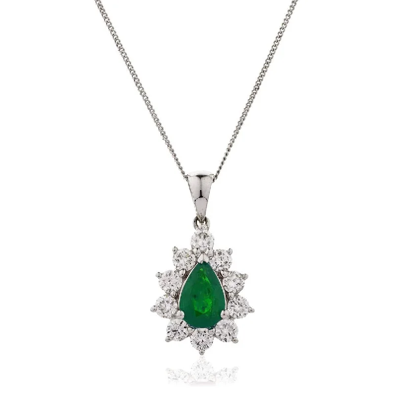 Necklaces and pendants with lotus flower designs for a spiritual, peaceful vibe-Pear Cut Emerald Cluster Pendant with Diamond Halo