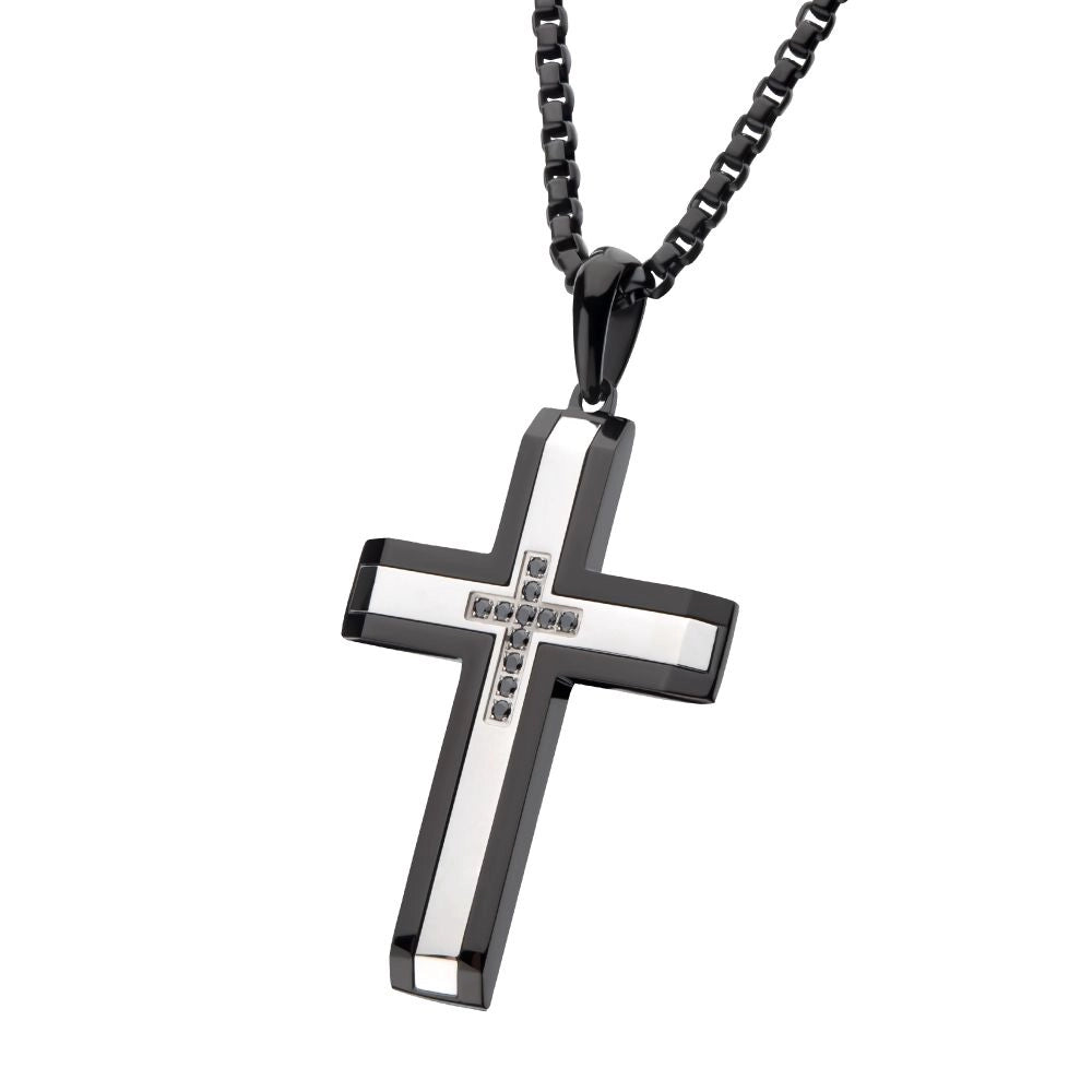 Necklaces and pendants with ocean-inspired designs for a refreshing, beachy feel-Inox Stainless Steel Matte Black Cross Pendant Necklace with Black Sapphire, 24 inch