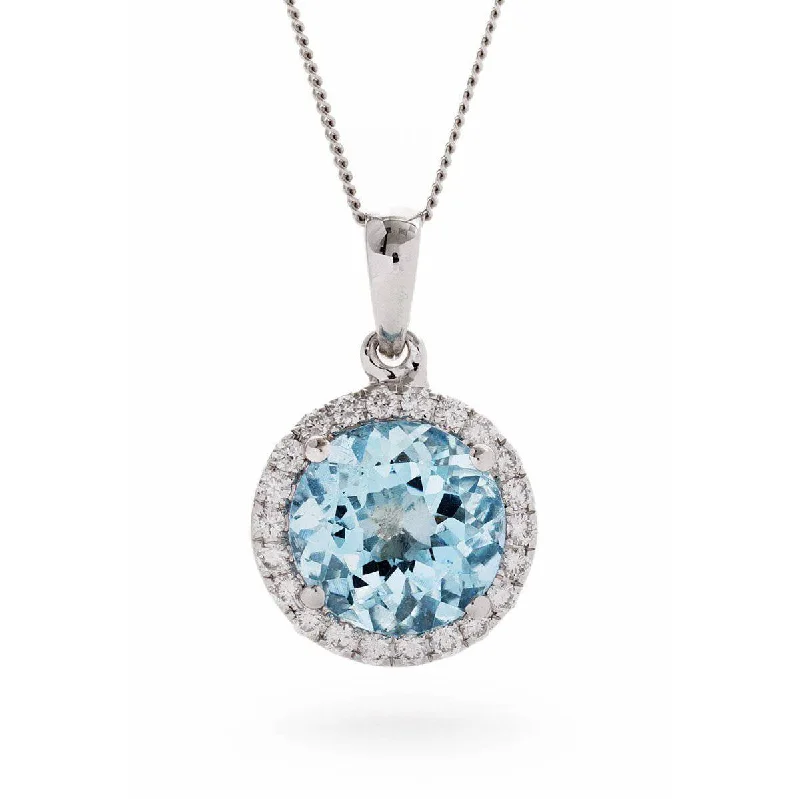 Necklaces and pendants with infinity love symbols for an eternal, romantic gesture-Round Aquamarine Diamond Halo Pendant