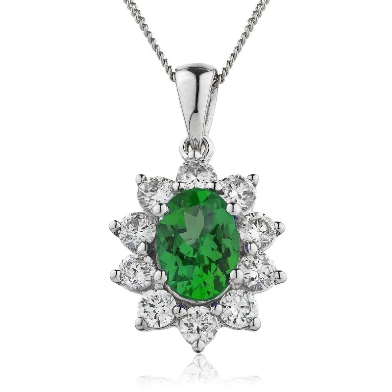 Stunning necklaces and pendants with ruby and diamond combinations for a luxurious effect-Oval Emerald Cluster Pendant with Diamond Halo