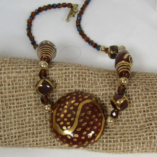 Stunning necklaces and pendants with birthstone pendants for a personal touch-Big Brown and Gold Handmade Kazuri Fair Trade Bead Necklace