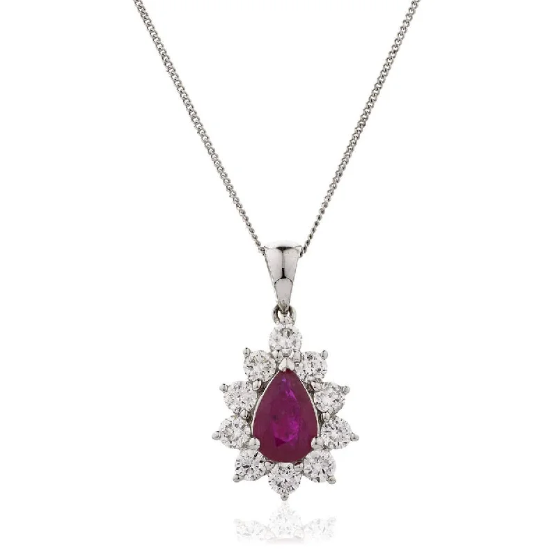 Necklaces and pendants with love knot designs for a romantic, meaningful symbol-Pear Cut Ruby Pendant with Diamond Halo