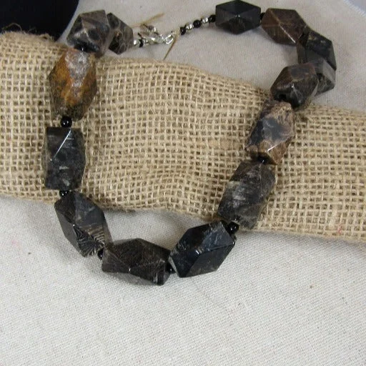 Necklaces and pendants with clear quartz for a pure and radiant look-Black Fossil Gemstone Statement Beaded Necklace