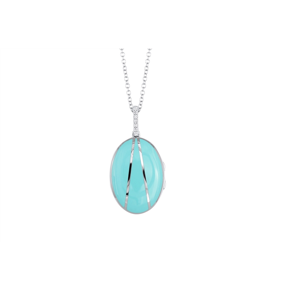 Stunning necklaces and pendants with amethyst gemstones for a calming effect-14K White Gold and Turquoise Enamel Oval Locket Necklace with Diamond Bail