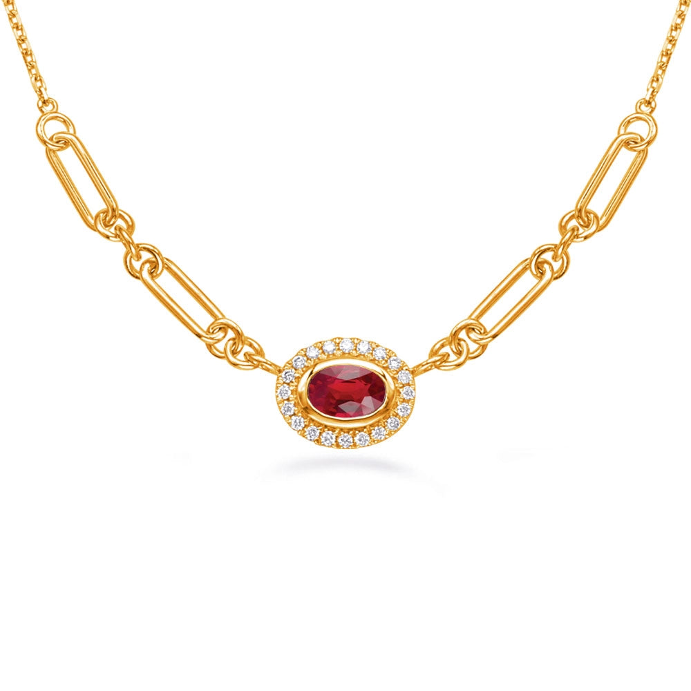 Trendy necklaces and pendants with statement pieces for a bold fashion statement-14K Yellow Gold East to West Bezel Set Oval Ruby with Diamond Halo Necklace