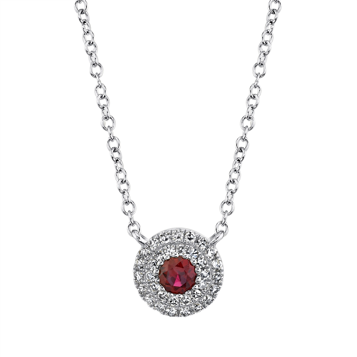 Stunning necklaces and pendants with jade gemstones for a calming green hue-14K White Gold Round Ruby Necklace with Diamond Halo, 16-18in