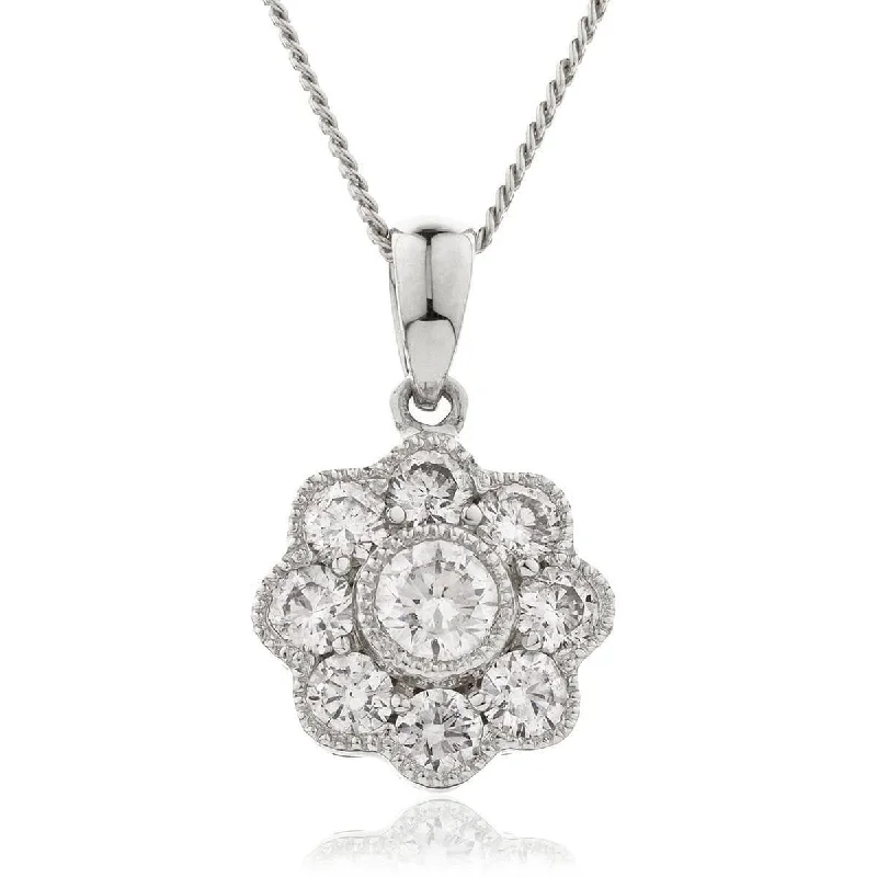 Best necklaces and pendants for weddings with matching designs for bride and groom-Diamond Flower Cluster Pendant with Halo