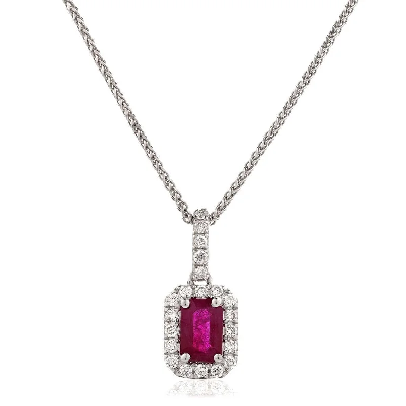 Necklaces and pendants with lock and key designs for a symbolic gesture-Emerald Cut Ruby Pendant with Diamond Halo