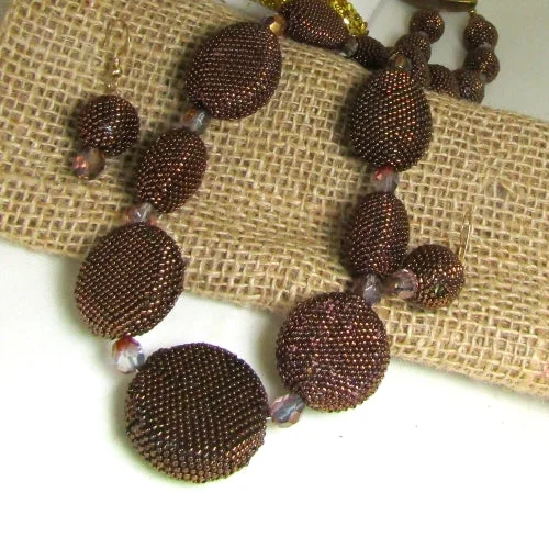 Beautiful necklaces and pendants with geometric shapes for a modern, artistic design-Brown Handmade Seed Bead Necklace & Earrings