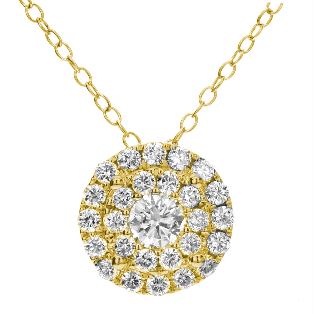 Stunning necklaces and pendants with ruby gemstones for a luxurious red hue-18K Yellow Gold Round Diamond with Double Halo Pendant Necklace