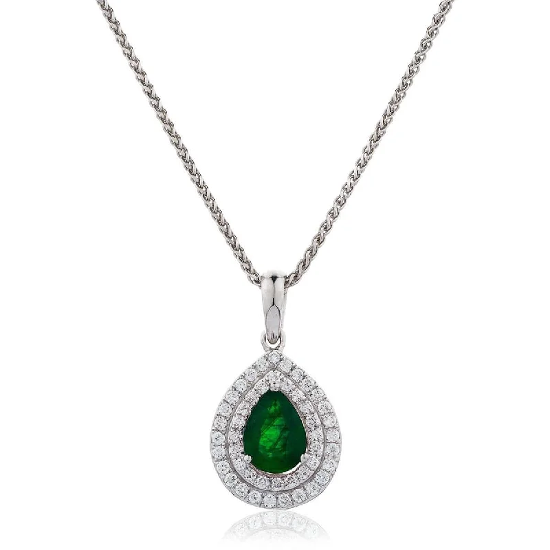 Necklaces and pendants with leaf-shaped designs for an earthy, organic feel-Pear Cut Emerald Cluster Pendant with Double Diamond Halo