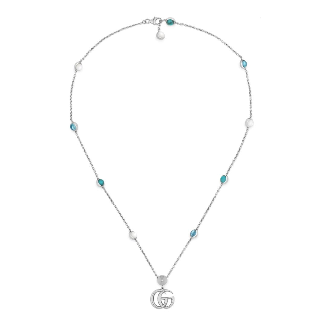 Beautiful necklaces and pendants with layered chains for a fashionable, chic look-Gucci Sterling Silver Double G Pendant Necklace with MOP, Blue Topaz Stones and Turquoise Colored Resin, 15.5-16.5 inch