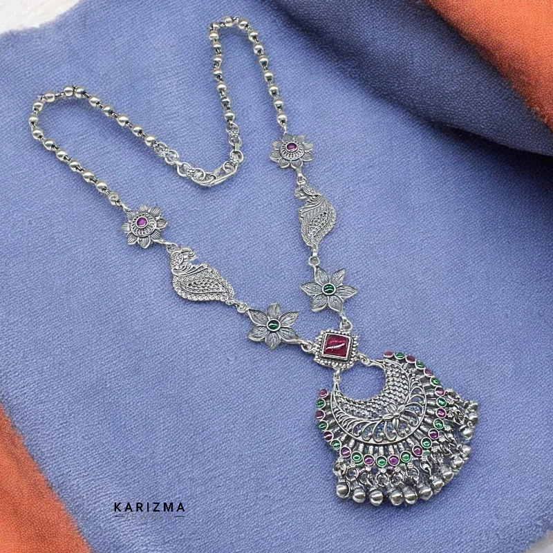 Beautiful necklaces and pendants with gemstone teardrops for an elegant effect-925 Indian Real Silver handmade Oxidized peacock style women floral Necklace 27"