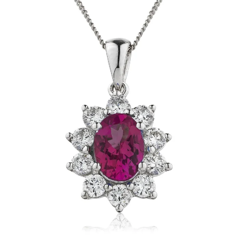 Necklaces and pendants with enamel accents for a colorful, eye-catching appearance-Oval Ruby with Diamond Halo Pendant