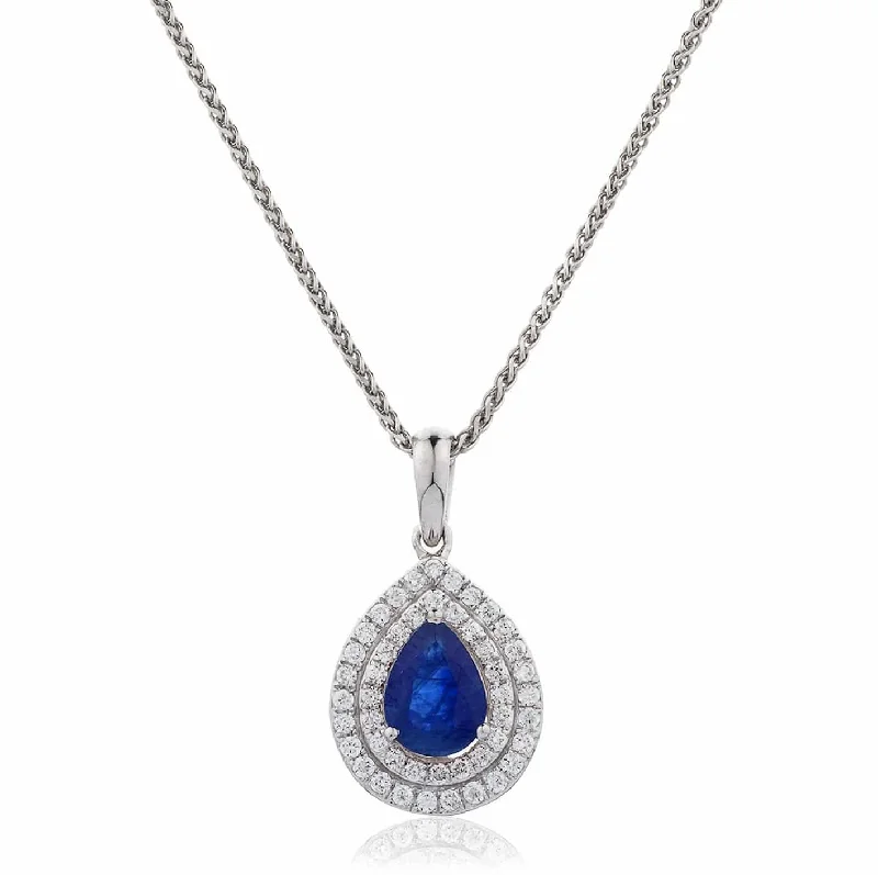 Necklaces and pendants with star-shaped designs for a whimsical, celestial touch-Pear Cut Sapphire Pendant with Double Diamond Halo