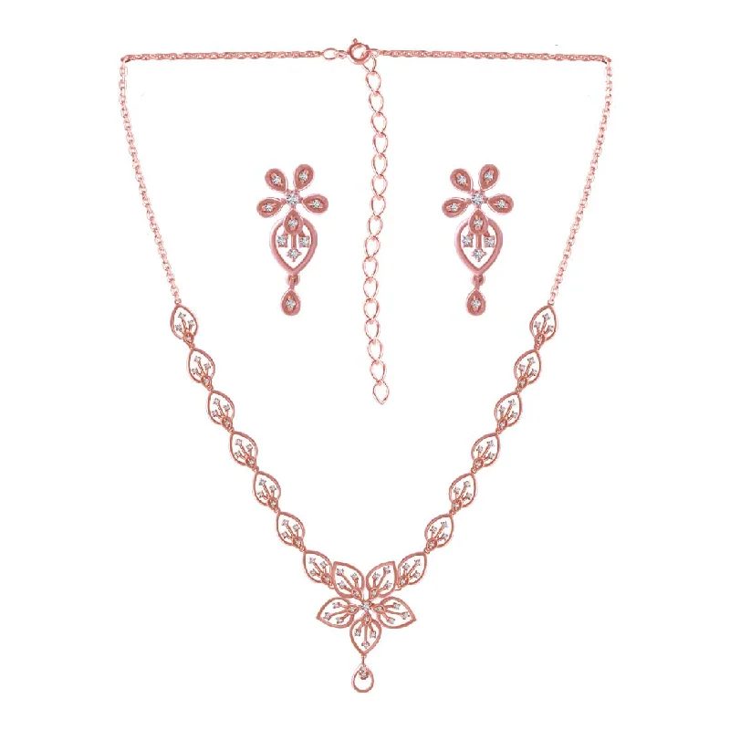 Stunning necklaces and pendants with jade gemstones for a calming green hue-Rosegold Plated Stone Studded Floral Necklace with Earring Set for Woman and Girls