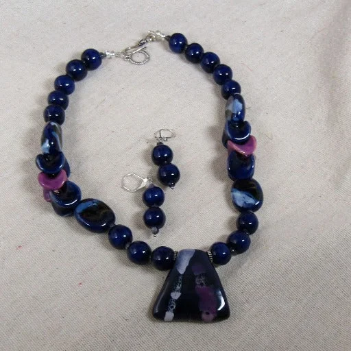 Necklaces and pendants with enamel accents for a colorful, eye-catching appearance-Blue & Purple Handmade Kazuri Bead Necklace & Earrings