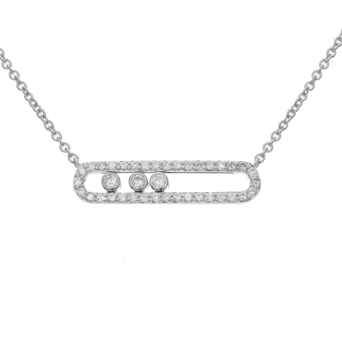 Unique necklaces and pendants with custom birthstone arrangements for personalization-18K White Gold East to West Elongated Oval with Three Moving Diamond Pendant Necklace