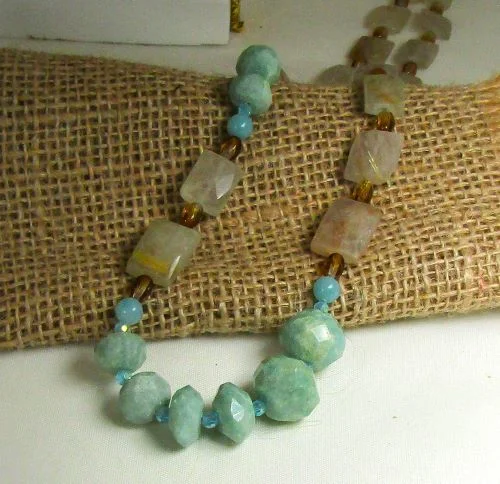 Necklaces and pendants with abstract shapes for a modern, creative appearance-Blue Green Amazonite and Rutilated Quartz Bead Necklace