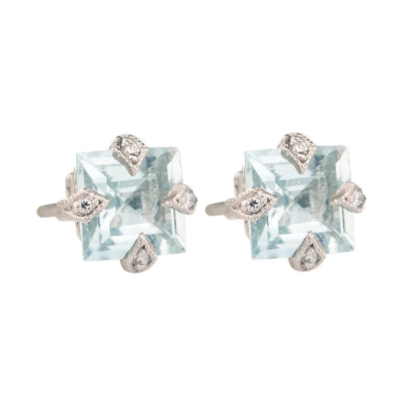 Drop Earrings with Animal Motifs -Platinum Prong-Set Square Aquamarine Post Earrings