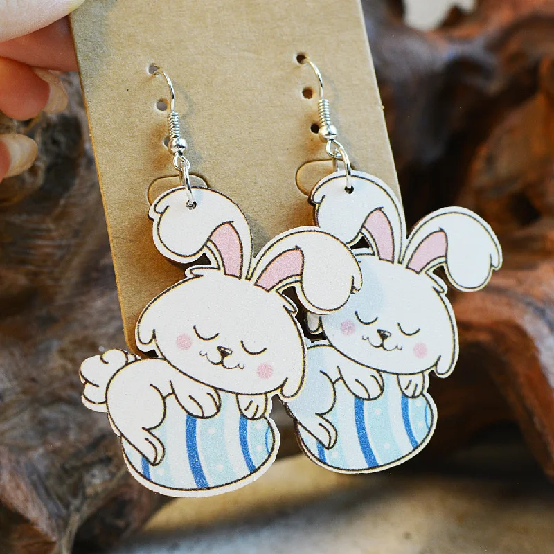 Retro Drop Earrings for Nostalgia -Wholesale Easter Cute Eggs Rabbit Wood Earrings