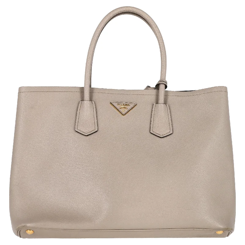 Small handle bags perfect for quick trips -Prada Saffiano Cuir Double Bag Large in Grey Saffiano Leather