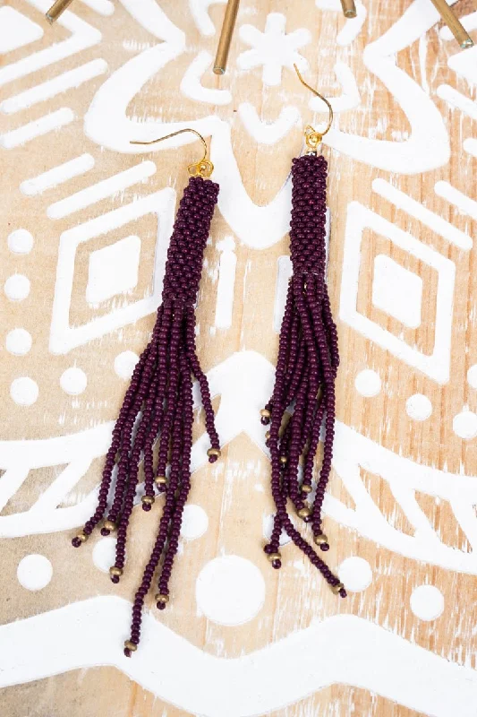 Gemstone and Diamond Drop Earrings for Opulence -SALE! Kindra Burgundy Seed Bead Fringe Earrings