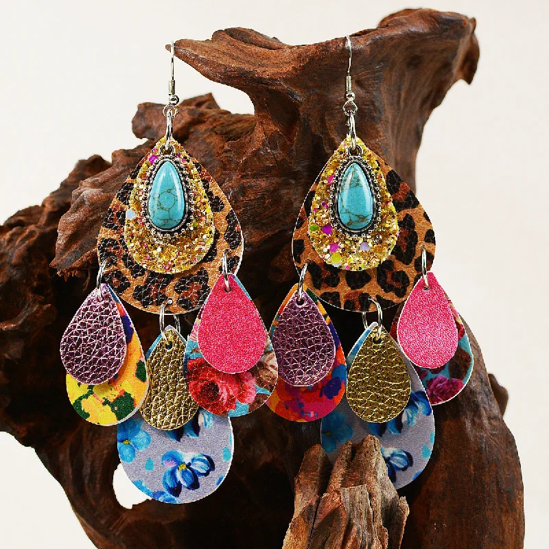 Studded Drop Earrings with Gemstones -Wholesale Leopard Print Multi-layered Leather Turquoise Earrings