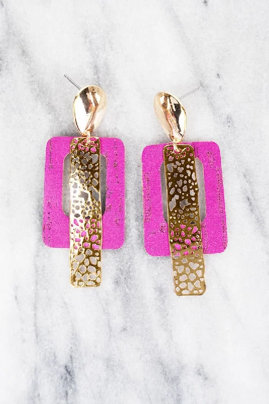 Drop Earrings for Work Attire -SALE! Harper Goldtone and Fuchsia Cork Layered Filigree Earrings