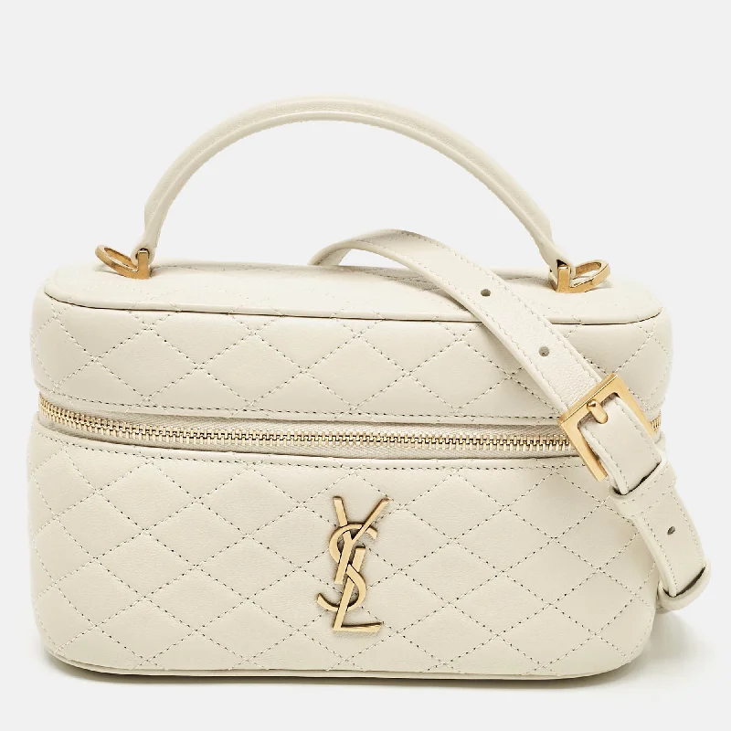 Handle bags with playful patterns for fun -Saint Laurent White Quilted Leather Mini Gaby Vanity Bag