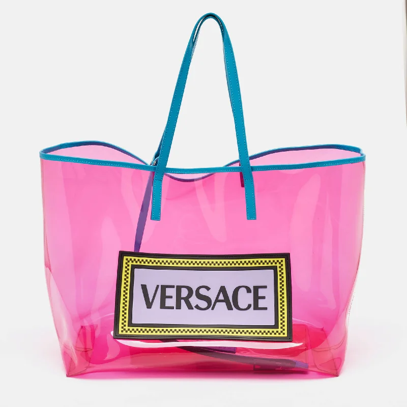 Handle bags with lightweight nylon for ease -Versace Pink Pvc And Leather 90S Logo Shopper Tote