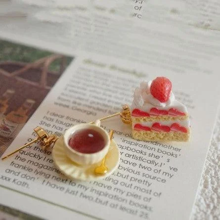 Drop Earrings with Symbolic Elements -Black Tea With Strawberry Triangle Cake Handmade Miniature Food Play Earrings