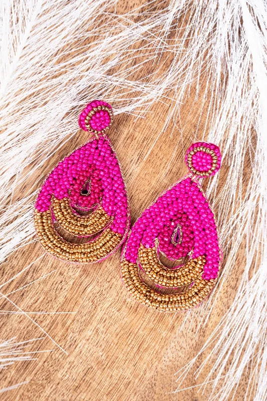 Drop Earrings with Leaf Motifs -SALE! Fuchsia Pauline Seed Bead Earrings