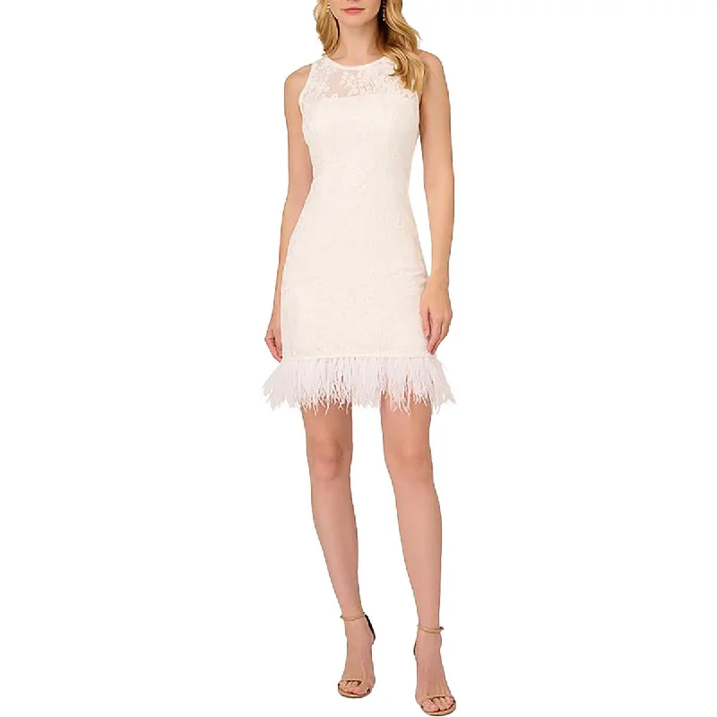 Christmas Dresses for Holiday -Adrianna Papell Womens Lace Ostrich Feather Mini Dress