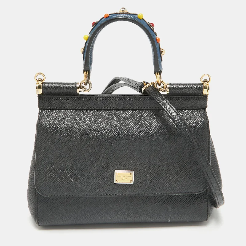 Handle bags with rustic leather for charm -Dolce & Gabbana Black Leather Small Studded Miss Sicily Top Handle Bag