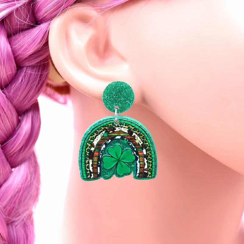 Ethnic Drop Earrings with Tribal Design -Wholesale Patrick's Day Lucky Clover Acrylic Earrings