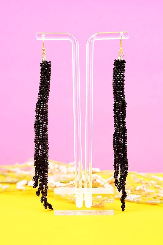 Crystal and Pearl Drop Earrings for Glamour -SALE! Kindra Black Seed Bead Fringe Earrings