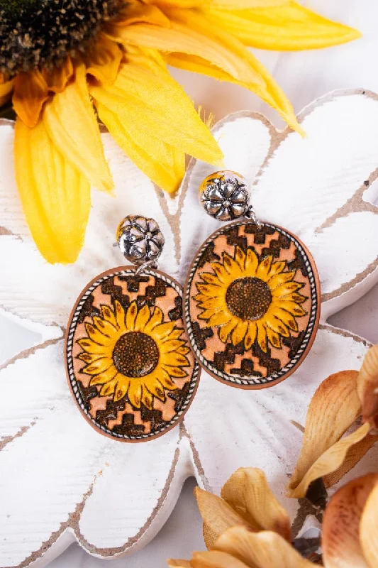 Adjustable Drop Earrings for Custom Fit -Sunflower Oval Faux Leather Silvertone Earrings