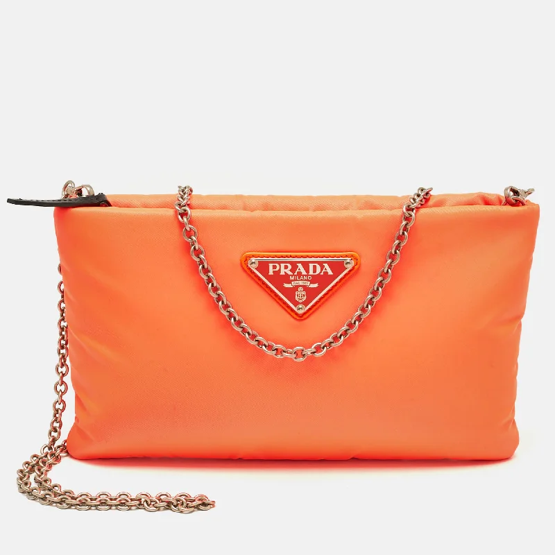 Handle bags with reinforced stitching for durability -Prada Neon Orange Nylon Chain Clutch